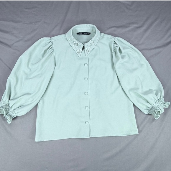 Zara Tops - Zara Womens XS Mint Green Pearl Rhinestone Collar Puff Sleeve Button Up Blouse